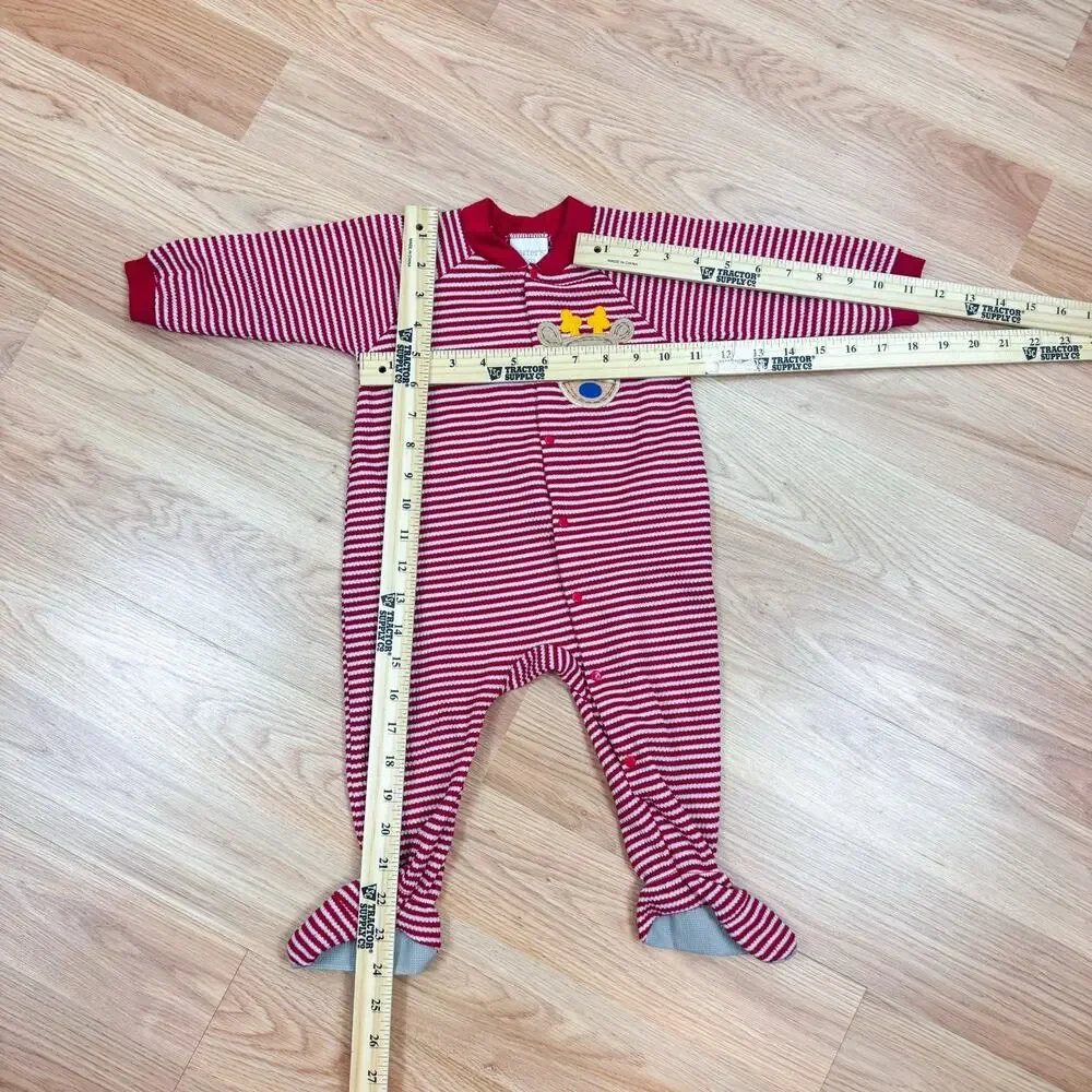 Vintage Baby 18M Footed Pajama Christmas Reindeer Stripe Red White Carters